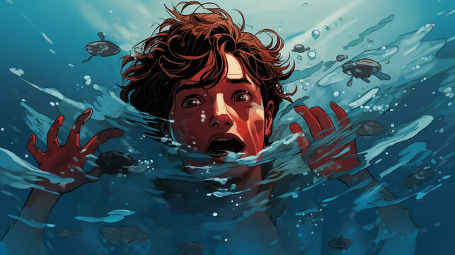 Illustration of a person about to drown in water, World Drowning Prevention Day design. 