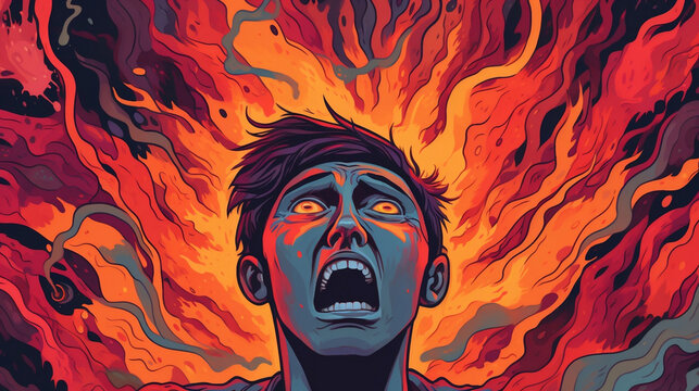 Illustration of a Panic attack and Pain. a guy having panic disorder incident, Psychology, solitude, fear, or mental health problems concept. A depressed person surrounded by fire