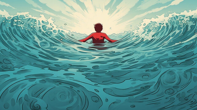 World Drowning Prevention Day concept. person treading in stormy water, screaming to the distant