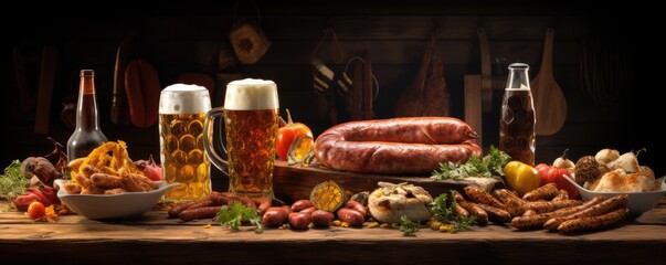 Sausages and beer on a table at a bar , Oktoberfest, panorama. Generative Ai.