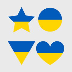 Ukrainian flag symbol. Flag of Ukraine. Support Ukraine in the war. Square, round and heart shape. Blue and yellow illustration.