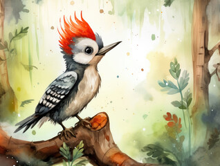 Cute watercolor woodpecker, illustration for children