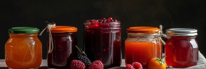 Fototapeta na wymiar Assortment of summer seasonal berry and fruits jams in small jars, homemade preserving concept, marmalades or confitures with fresh berries jam jar, mix jam, various jams, type jam. Generative ai