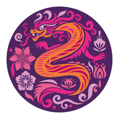 Chinese Happy New Year 2024. Year of the Dragon. Symbol of New Year. Purple Dragon in circle - 621799710