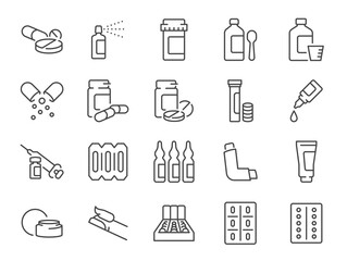 Pharmacy icon set. It included medicine, drug, pills, tablet, cures, and more icons. Editable Vector Stroke.

