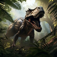 Prehistoric Jungle Encounter: Transport your projects to a bygone era with an AI-generated dinosaur roaming the lush jungle. Captivate your audience with this captivating stock photo.
