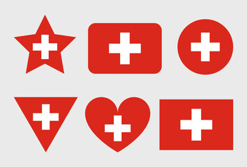 Switzerland flag vector icons set in the shape of heart, star, circle and map.