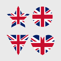 UK flag vector icons set in the shape of heart, star, circle and map. United Kingdom and Great Britain flag illustration in different geometrical shapes. British national symbol.