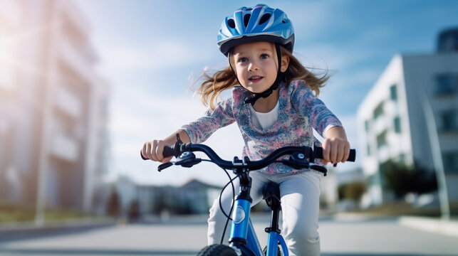 Happy Little Girl riding her bike, wearing a helmet