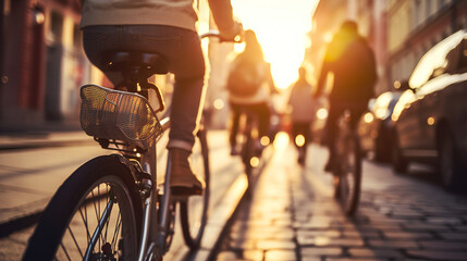 Group of people cycling in City, sunset, road, summer, fall, autumn