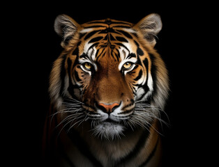 Portrait eines Tigers / Tiger vor schwarzem Hintergrund erstellt mit generativer KI