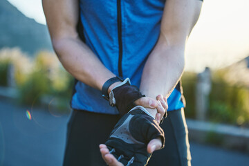 Man, cycling and wrist pain with injury, stress and hands for muscle, hurt and road for fitness,...