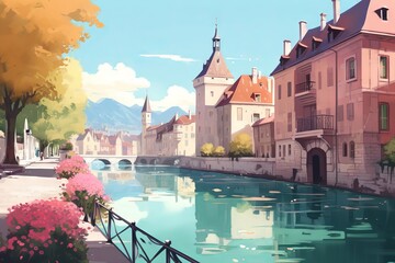 The beautiful colorful canals of the city of Strasbourg France. Generative AI - obrazy, fototapety, plakaty