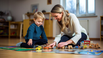 Fototapeta premium Parent, educational employee and child playing together, kindergarten