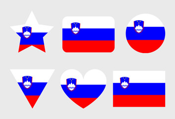 Slovenia flag vector icons set in the shape of heart, star, circle and map.