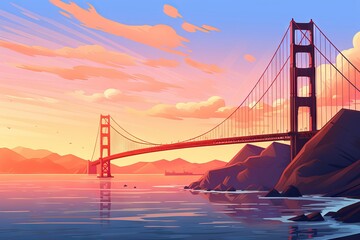 golden gate bridge at sunset with painting cartoon design. Generative AI - obrazy, fototapety, plakaty