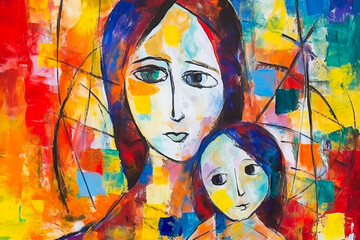 Expressive abstract expressionist-style depiction of a mother with her daughter against a chaotic backdrop, evoking strong emotions for Mother's Day. Generative AI