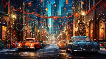 Wall murals Cartoon cars Retro cars in the old town in snowy weather for Christmas, Generative AI