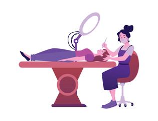 Woman in facial mask and apron making eyelash extension procedure flat style