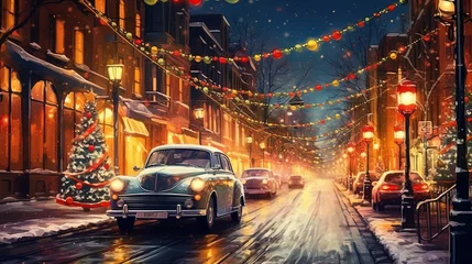 Fotobehang Auto cartoon Retro cars in the old town in snowy weather for Christmas, Generative AI