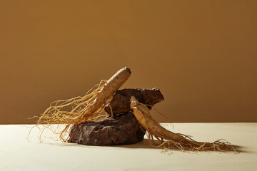 Wild Ginseng has been used in best traditional medicine. Fresh ginseng root and blocks of stone displayed on a brown background. Blank space to place your product and copy space