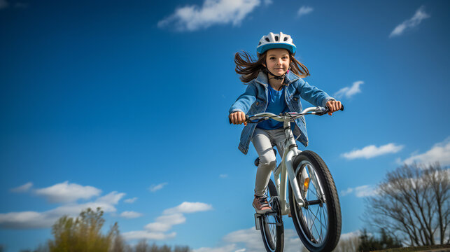 Littel Girl with helmet on riding a bicycle, learning, towards camera, blue sky, low angle