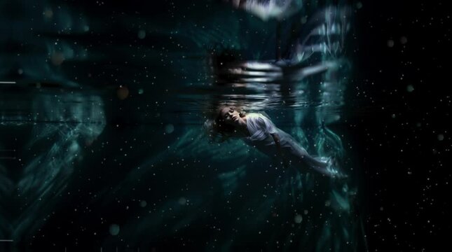 Submerged Fear: Struggle Against the Deep - Chilling image of a girl, her head just beneath the water's surface, in a distressing moment of sinking. Reworked Generative AI using Suki's face 