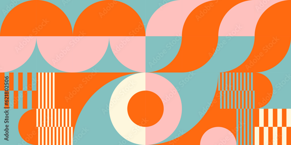 Poster Retro geometric aesthetics. Bauhaus and avant-garde inspired vector background with abstract simple shapes like circle, square, semi circle. Colorful pattern in nostalgic pastel colors.