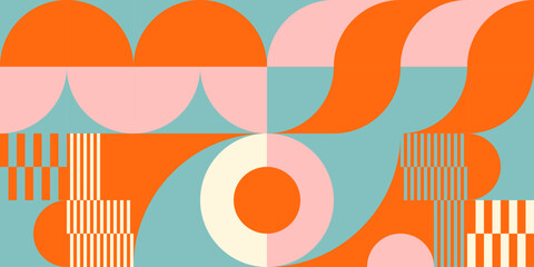 Retro geometric aesthetics. Bauhaus and avant-garde inspired vector background with abstract simple shapes like circle, square, semi circle. Colorful pattern in nostalgic pastel colors. - 621802506