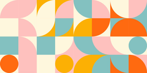 Retro geometric aesthetics. Bauhaus and avant-garde inspired vector background with abstract simple shapes like circle, square, semi circle. Colorful pattern in nostalgic pastel colors.