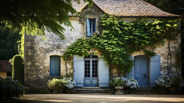 French Brittany typical house. A house with a tiled roof with cypress is a typical picture in Provence, France. Generative ai