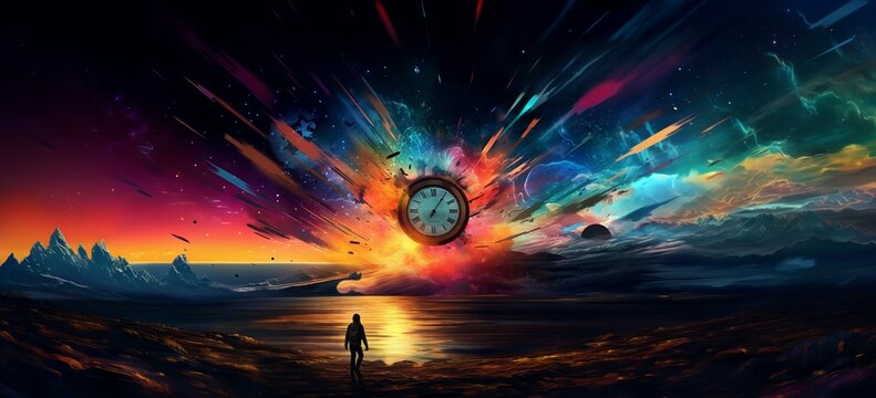 Time is running out of time. Time is running out concept. Abstract background with clock and fire effect, 3d render illustration. Fantasy landscape with a clock with colorful background