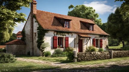Fototapeta na wymiar French Brittany typical house. A house with a tiled roof with cypress is a typical picture in Provence, France. Generative ai