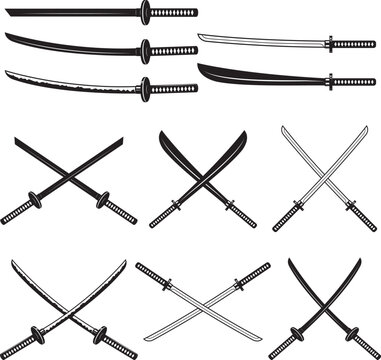 Set of the katana swords. Samurai and ninja weapon in retro style. Crossed samurai swords collection