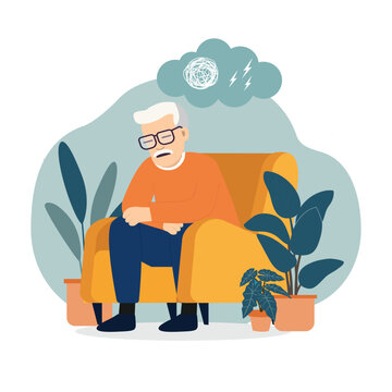 recommend clip art: Anxious Senior Man Sitting on Sofa. Flat design style Vector Illustration.