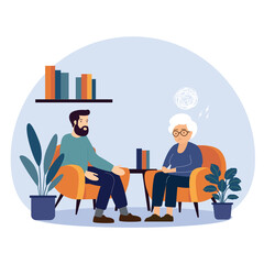 Psychotherapy session.Senior woman talking to psychologist sitting on sofa. Flat style vector illustration.