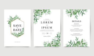 Set of beautiful template wedding invitations with watercolor leaves