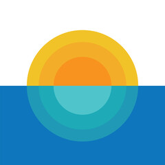 Sunset above the sea or ocean with sun and water silhouette. Logo. Vector illustration.