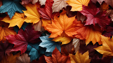 Naklejka na ściany i meble colorful autum leaves top view background, generative ai