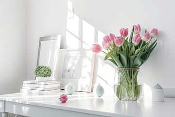 Decorated interior of a home. A vase of pink tulips against a white background. Generative AI