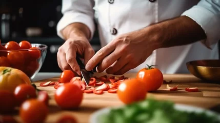Fotobehang A chef in a hotel or restaurant kitchen cooking, hands only. Vegetables, greens, tomatoes on table on wooden boards. Ingredients for preparing italian or french food. Lifestyle moment. Generative ai. © Svfotoroom