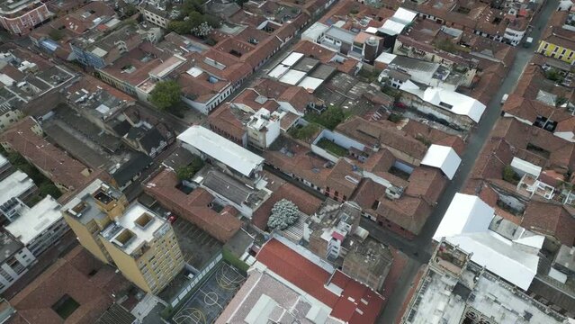 Aerial Bogota Colombia city historical downtown top drown drone colonial buildings