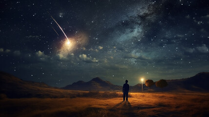 Fototapeta premium landscape stargazing in the summer meteor shower night. Generative AI