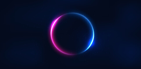 Obraz premium Abstract technology futuristic neon circle glowing blue and pink light lines with speed motion blur effect on dark blue background.