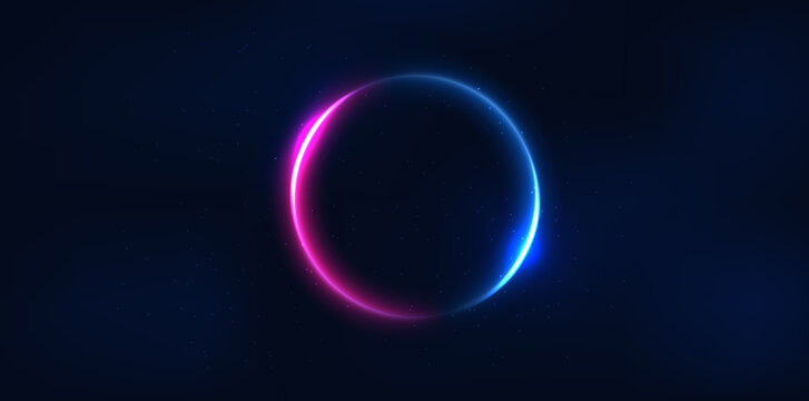 Abstract technology futuristic neon circle glowing blue and pink  light lines with speed motion blur effect on dark blue background.