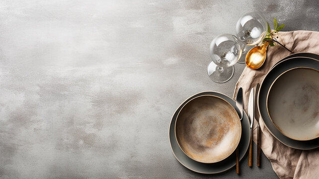 grey grunge background with copy space restaurant serving plate fork knife. Generative AI