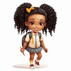 simple cartoon clipart black african american girl student child going to school white background