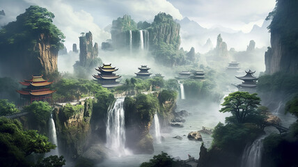landscape in an ancient Chinese city with waterfalls and mountains. Generative AI