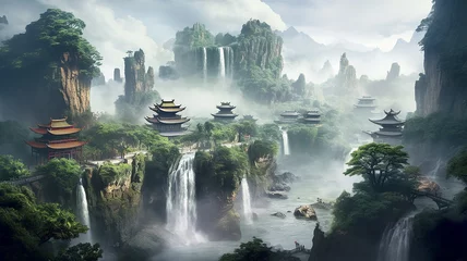 Acrylic prints Fantasy Landscape landscape in an ancient Chinese city with waterfalls and mountains. Generative AI