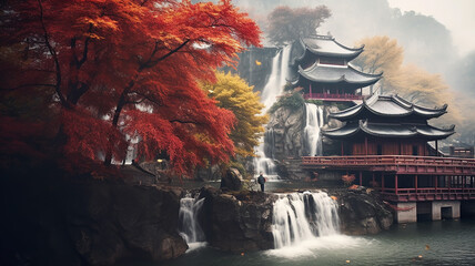 autumn landscape in the ancient Chinese city of Zen oriental weather. Generative AI